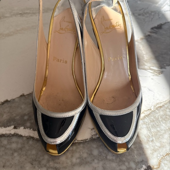 Christian Louboutin Shoes - Christian Louboutin Black and Gold Peep-Toe Heels